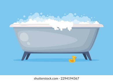 Cast Iron Bathtub on Foot Full of Water with Soap Bubbles Foam and Duck Isolated on Blue Background Vector Illustration