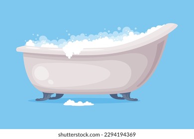 Cast Iron Bathtub on Foot Full of Water with Soap Bubbles Foam Isolated on Blue Background Vector Illustration