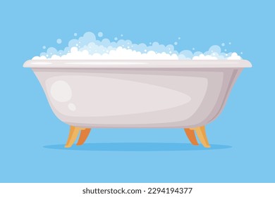 Bañera de hierro fundido a pie llena de agua con espuma de burbujas de jabón aislada en vectores de fondo azul Ilustración