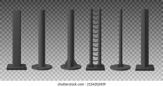 Cast iron or black metal poles and pillar columns for street billboard set of templates, realistic vector illustration isolated on transparent background.