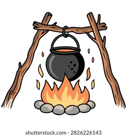 Cast iron cauldron over crackling campfire flames