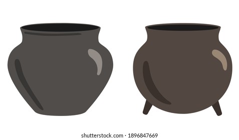 Cast iron or ceramic pots. Stylized pot of a leprechaun in a cartoon style. Witch Cauldron. Isolated on a white background. Flat vector illustration. 