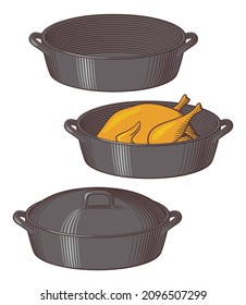 Cast Iron Dutch Oven. Empty Pot, Roast Chicken And Pot With Cap. Retro Style Vector Illustration