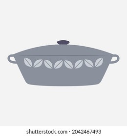 Cast Iron Dutch Oven Or Pot With Pan Cover Isolated On A White Background. Vector Illustration