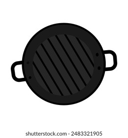 Cast iron grill pan with stripes and handles on both sides in cartoon style. Top view. Promo concept