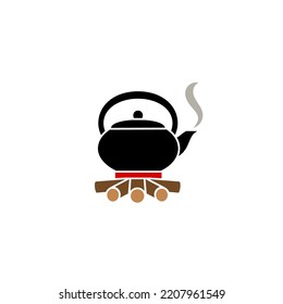 Cast iron kettle on campfire. Flat icon isolated on white. Vector