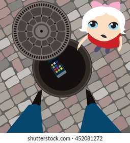 Cast iron manhole cover open. Little girl surprised that someone dropped smart phone in the hatch.. Vector illustration