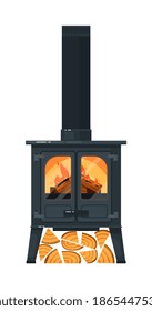 Cast iron mantel with burning firewood and chimney isolated