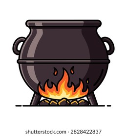 Cast iron pot cooking over open flame illustration with cauldron, prepared
