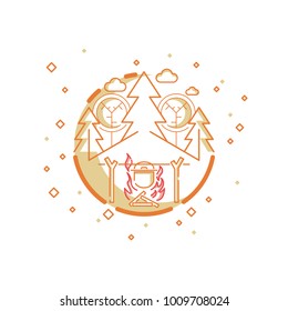 Cast Iron Pot Cooks Over Open Fire in a Campsite, Trees. Nature Tourism, Camping or Hiking Design Concept. Vector, Illustration
