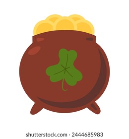 Cast iron round pot filled with Leprechaun treasure. Gold coins in magic bowler, Happy Patrick party element. Simple cartoon vector isolated on white background