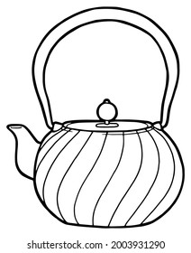 Cast iron teapot. Dishes for the Chinese tea ceremony. Coloring page. Black outline. 
