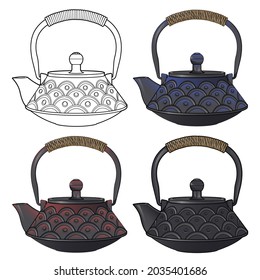 Cast iron teapot for the tea ceremony. Red and blue patina on the dishes. Coloring page. Black Outline 