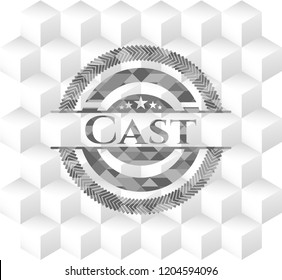 Cast realistic grey emblem with geometric cube white background