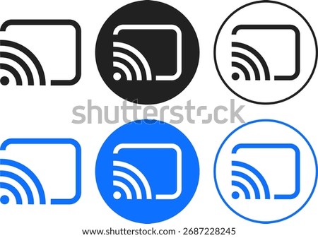 cast, screenshot icon set. smart device interfaces. rectangle with wireless signal.  Wireless connection symbol. Screencast sign symbol
