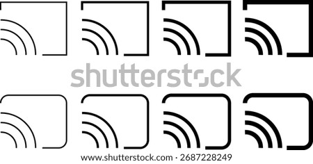 cast, screenshot icon set. smart device interfaces. rectangle with wireless signal.  Wireless connection symbol. Screencast sign symbol