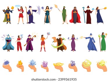 Cast spell icons set cartoon vector. Magic power female. Wizard hurricane