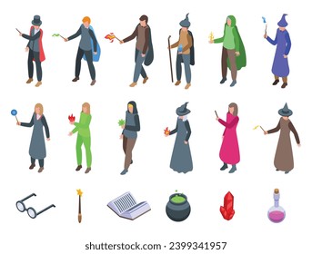 Cast spell icons set isometric vector. Witch hand magic. Creepy finger