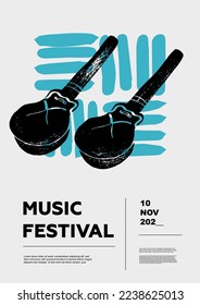 Castanets, chaquetas, palillos. Afiche del festival de música. Instrumentos musicales de percusión. Competencia. Un conjunto de ilustraciones vectoriales. Diseño minimalista. Cartel, volante, portada, impresión.