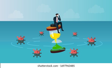 Castaway Businessman Feeling Anxiety While Sitting on Sand Watch. Meaning is Business People Waiting for The Coronavirus 2019 or Covid-19 Infection Crisis End Concept. Vector Illustration EPS 10.