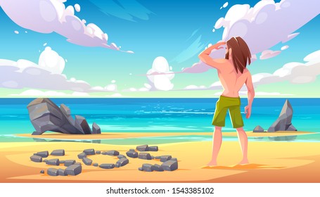 Castaway man on uninhabited island, lonely stranded longhaired character stand on seaside looking into distance on ocean with sos sign made of stones lying on sandy beach. Cartoon vector illustration