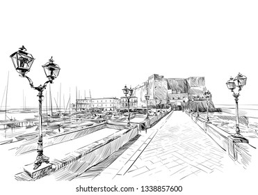 Castel del ovo. Naples. Italy. Hand drawn landmark sketch. Vector illustration.