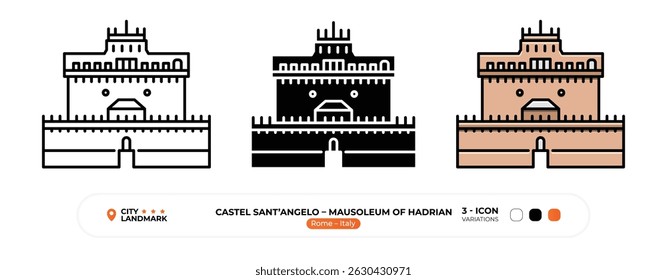 Mausoléu de Castel Sant’Angelo de Adriano, Linha Ícone. Roma, Itália, Marco, Silhueta, Vetor de cor, Traço editável.
