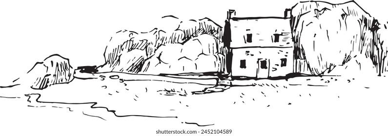 Castel Meur in France. Isolated house on an island ink sketch. Landscape ink illustration. Seascape black and white drawing. 