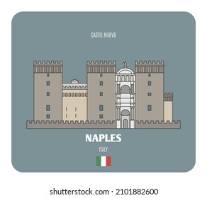 Castel Nuovo in Naples, Italy. Architectural symbols of European cities. Colorful vector