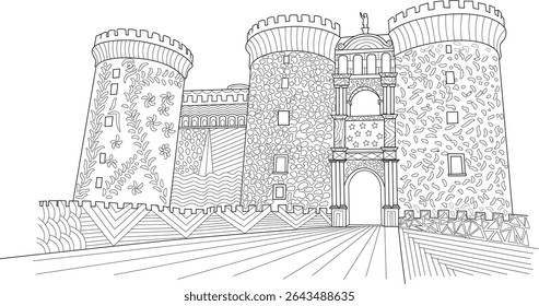 Castel Nuovo Nápoles Itália Line Art Illustration, ilustração detalhada de arte em linha preta e branca de Castel Nuovo, a fortaleza medieval em Nápoles, Itália. Perfeito para colorir livros, histórico