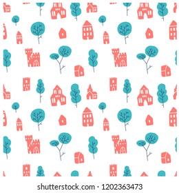 Castel and tree cute seamless patter. You may use for baby and kids fabric and textile design, wallpaper, bed line, for decoration kids room.