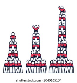 Castell drawing, human tower traditional in Catalonia. Simple cartoon people building pyramid, 3 heights. Isolated vector clip art illustration. svg