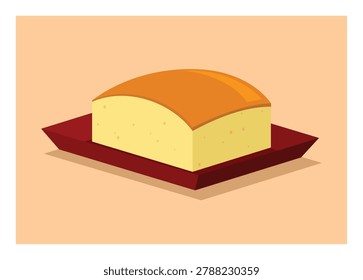 Castella cake on paper plate. Simple flat illustration.