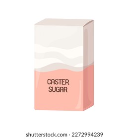 Caster fine granulated sugar in carton package. Superfine castor sweet baking ingredient, sweetener packed in box. Flat cartoon vector illustration isolated on white background