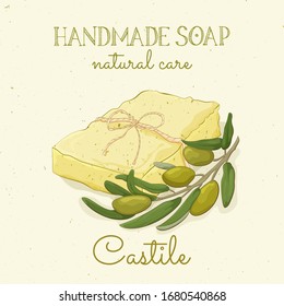 Castile handmade soap. Olive soap. Vector hand drawn illustration. Isolated, with an olive branch and the inscription. Natural body care. Great for label, logo, banner, packaging, spa and body care.