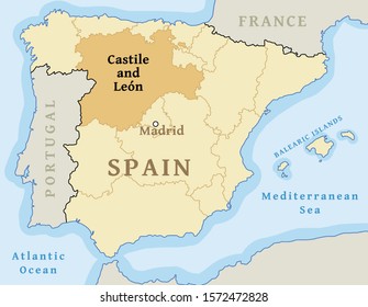 Castile and Leon autonomous community location map within Spain. Vector illustration.