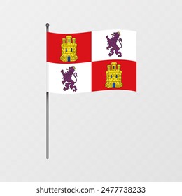 Castile and Leon flag on flagpole. Vector illustration.