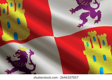 Bandeira de Castela e Leão acenando ao vento, textura de seda detalhada e realista. comunidade autônoma de Espanha