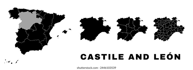 Mapa de Castilla y León, comunidad autónoma en España. División administrativa española, comarcas, comarcas y municipios.