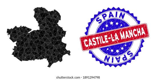 Die Provinz Kastilien-La Mancha kartografiert polygonales Netz mit gefüllten Dreiecken und Gummi-Bicolor-Gummidichtung. Triangle mosaic Castile-La Mancha Provinzplan mit maschigem Vektormodell,