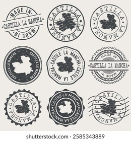 Castile-La Mancha, Spain Set of Stamps. Country Travel Marks. Made In Product. Design Seals Old Style Insignia.