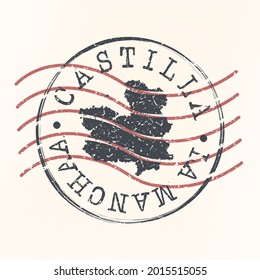 Castile-La Mancha, Spanien Stempel Karte Postal Silhouette Siegel. Passport Round Design. Vektorsymbol. Design Retro Travel National Symbol.