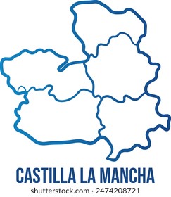 Castilla La Mancha Autonomous community with provinces simplified map, blue gradient linear border