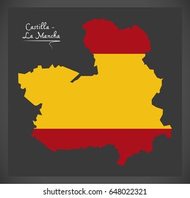 Castilla - La Mancha map with Spanish national flag illustration