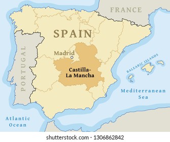 Castilla-La Mancha autonomous community location map within Spain. Vector illustration.