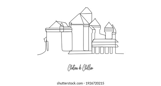 castillo de chillon landmarks skyline - Continuous one line drawing