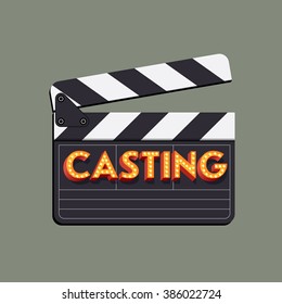 Casting Abstract Vector Illustration With Movie Clapper Board And Marquee Neon Light Bulb Shining Sample Title