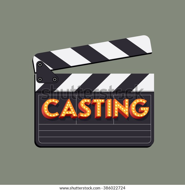 Casting abstract\
vector illustration with movie clapper board and marquee neon light\
bulb shining sample\
title