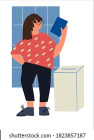 Casting ballot at polling station. Woman putting ballot paper in the box. Voting and election concept. Vector illustration in flat style