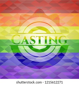 Casting emblem on mosaic background with the colors of the LGBT flag